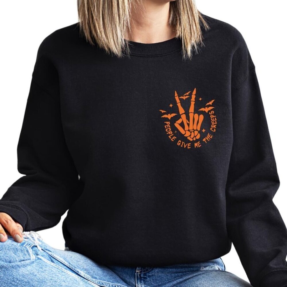 People Give Me The Creeps Halloween Sweatshirt Skeleton Hand Graphic Retro